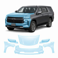 Антигравийная защитная бронепленка по лекалам для Chevrolet Tahoe IV 2021- передняя часть авто (капот бампер фары крылья)
