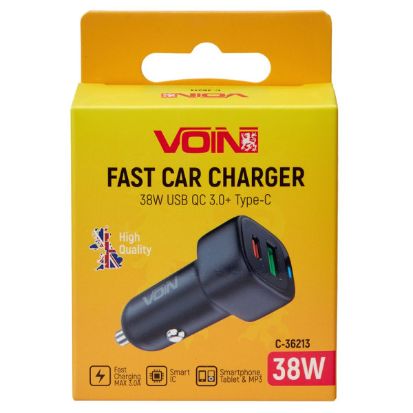 Автомобильное зарядное устройство VOIN 38W, 1USB QC3.0 18W + 1PD 20W, 12/24V (C-36213)