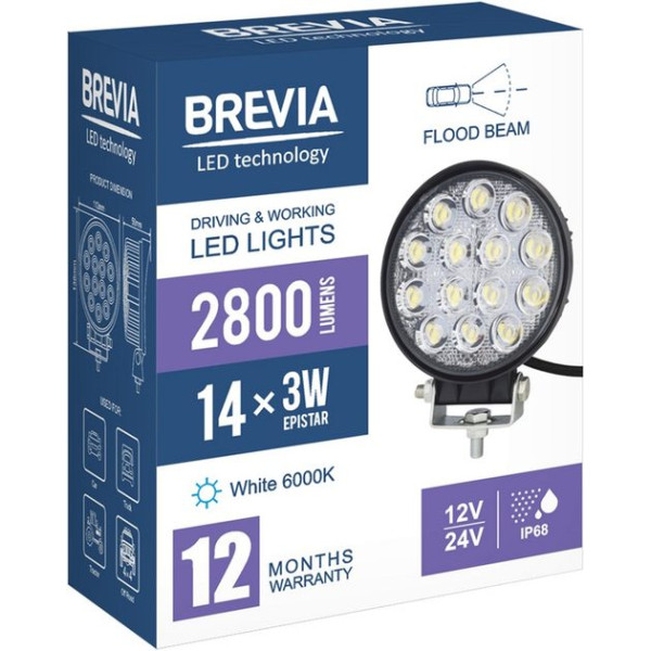 LED фара Brevia Flood Ближний свет 10-30V 42W (14x3W) 2800Lm Алюминиевый корпус IP68 (10651RFX1)