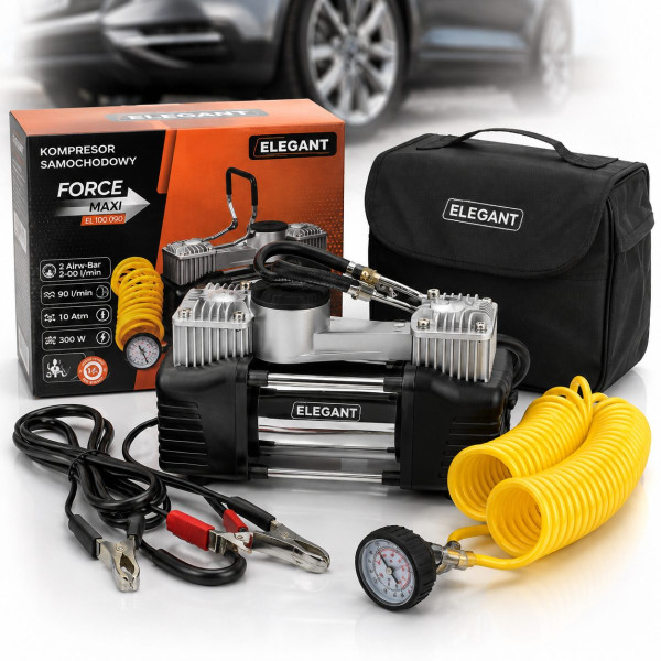 Компресор автомобільний двопоршневий Force MAX 12v 300вт 90л 10атм 14А з дефлятором (EL 100 090)