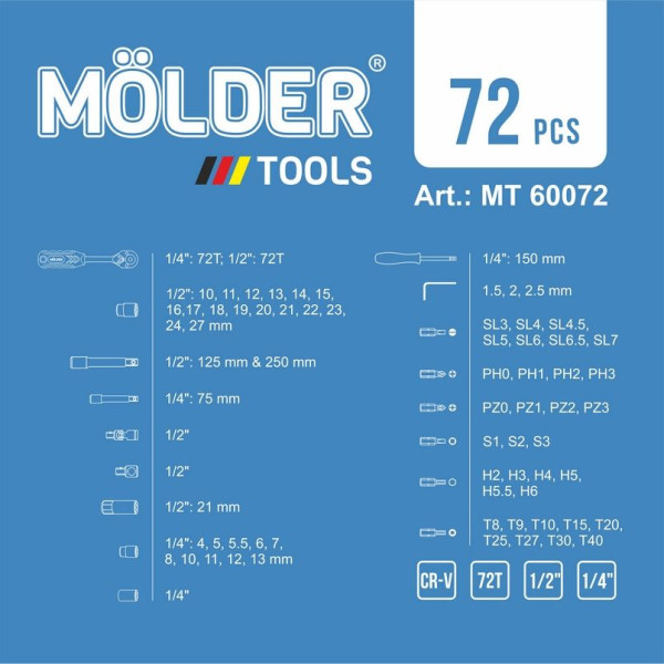 Набір інструментів для авто та дому професійний в кейсі MOLDER 72 предмета 1\2 та 1\4 Оригінал (MT60072)