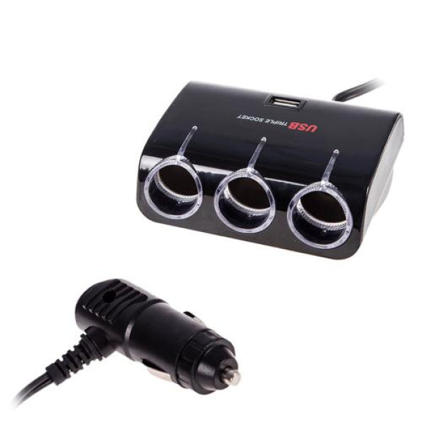 Автомобільний розгалужувач прикурювача VOIN 3 виходу 1USB 1000mA 12/24V (SC-3073)
