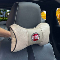 Подушка на подголовник с логотипом Fiat Экокожа 3D Цветной лого Бежевая-Коричневый кант 1 шт