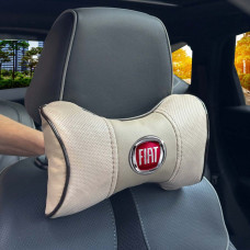 Подушка на подголовник с логотипом Fiat Экокожа 3D Цветной лого Бежевая-Коричневый кант 1 шт