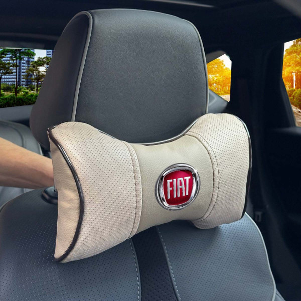 Подушка на подголовник с логотипом Fiat Экокожа 3D Цветной лого Бежевая-Коричневый кант 1 шт
