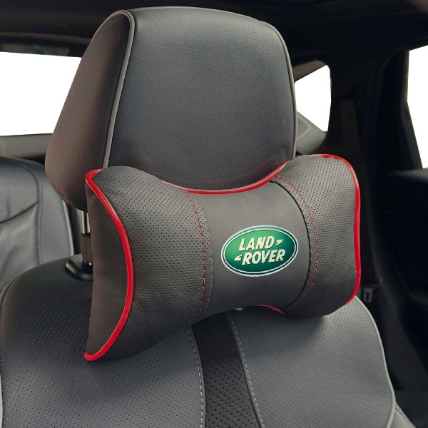 Подушка на підголівник з логотипом Land Rover Екошкіра 3D Кольоровий лого Чорна-Червоний кант 1 шт