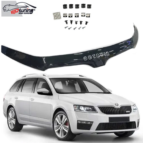 Дефлектор капоту мухобійка Skoda Octavia A7 2013-2017 Євро Кріплення (Vip Tuning)