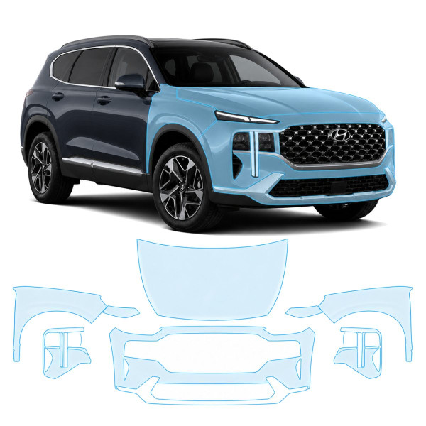 Антигравийная защитная бронепленка по лекалам для Hyundai Santa Fe TM facelift 2021-2023 - передняя часть авто (капот бампер фары крылья)
