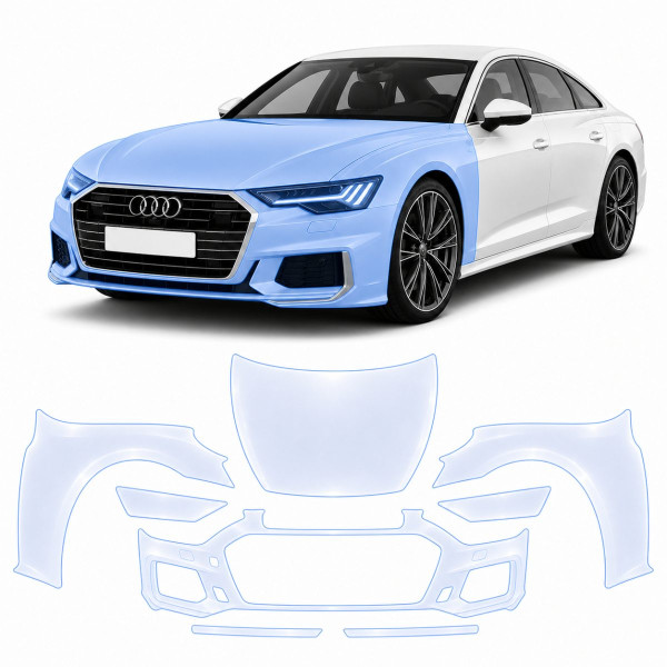 Антигравийная защитная бронепленка по лекалам для Audi A7 C8 facelift 2023-2025 - передняя часть авто (капот бампер фары крылья)