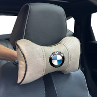 Подушка на підголовник з логотипом BMW екошкіра Бежева-Коричневий кант 1 шт