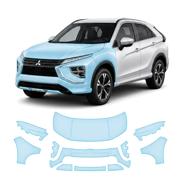 Антигравийная защитная бронепленка по лекалам для Mitsubishi Eclipse Cross I facelift 2021-2024 - передняя часть авто (капот бампер фары крылья)