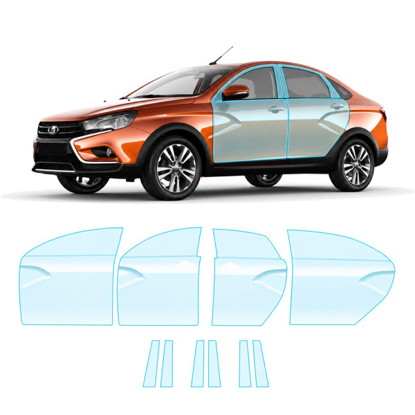 Антигравійна захисна бронеплівка за лекалами для LADA Vesta Cross 2180 2018-2022 - зони дверей і стійки вікон