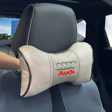 Подушка на подголовник с логотипом Audi Экокожа 3D Цветной лого Бежевая-Коричневый кант 1 шт