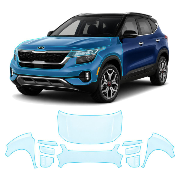 Антигравийная защитная бронепленка по лекалам для Kia Seltos SP2 2019-2022 - передняя часть авто (капот бампер фары крылья)