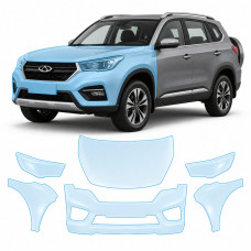 Антигравийная защитная бронепленка по лекалам для Chery Tiggo 3 II facelift 2020- передняя часть авто (капот бампер фары крылья)