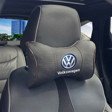 Подушка на підголівник з логотипом Volkswagen Екошкіра 3D Кольоровий лого Чорна-Коричневий кант 1 шт