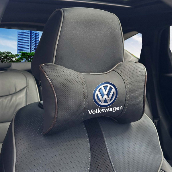 Подушка на підголівник з логотипом Volkswagen Екошкіра 3D Кольоровий лого Чорна-Коричневий кант 1 шт