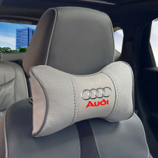 Подушка на подголовник с логотипом Audi Экокожа 3D Цветной лого Серые-Серый кант 1 шт