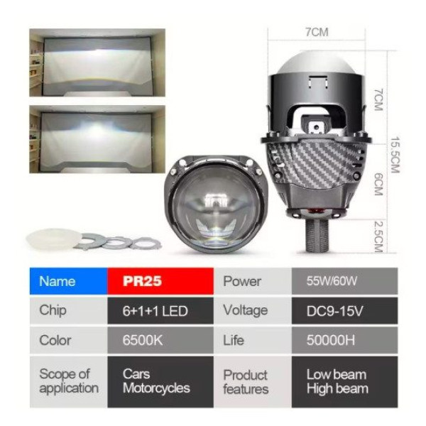 Автомобільні BI-LED лінзи D2.5" дюйми D65 мм Y5 55W / 65W Карбонова Подвійна призматична Лінза 6+1+1 2 шт