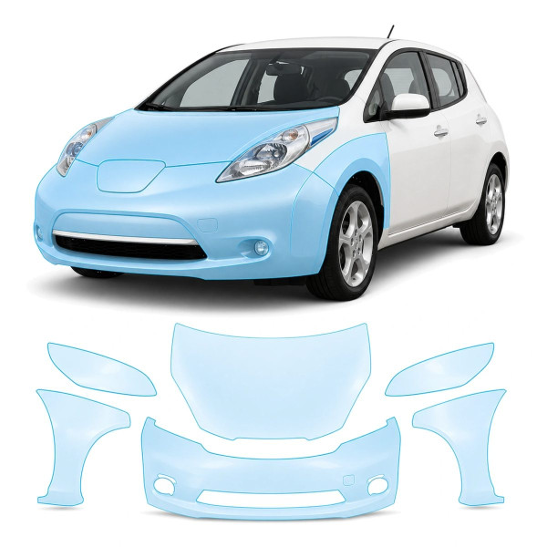 Антигравийная защитная бронепленка по лекалам для Nissan Leaf ZE0/ZE1 2010-2017 - передняя часть авто (капот бампер фары крылья)
