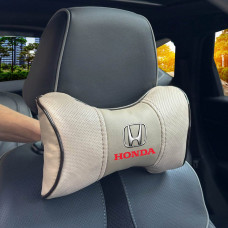 Подушка на подголовник с логотипом Honda Экокожа 3D Цветной лого Бежевая-Коричневый кант 1 шт