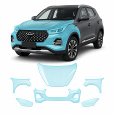 Антигравийная защитная бронепленка по лекалам для Chery Tiggo 4 Pro 2023- передняя часть авто (капот бампер фары крылья)
