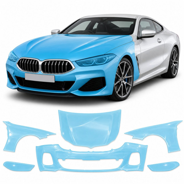Антигравийная защитная бронепленка по лекалам для BMW 8 Series G15/G14/G16 2018-2022 - передняя часть авто (капот бампер фары крылья)