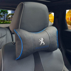 Подушка на підголівник з логотипом Peugeot Екошкіра 3D Кольоровий лого Чорна-Синій кант 1 шт