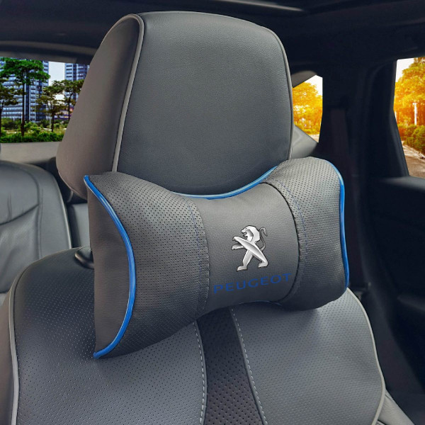 Подушка на подголовник с логотипом Peugeot Экокожа 3D Цветной лого Черная-Синий кант 1 шт