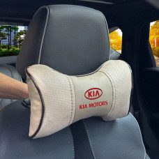 Подушка на підголівник з логотипом Kia Екошкіра 3D Кольоровий лого Бежева-Коричневий кант 1 шт