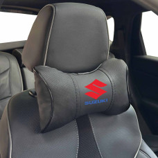 Подушка на підголівник з логотипом Suzuki Екошкіра 3D Кольоровий лого Чорна-Чорний кант 1 шт