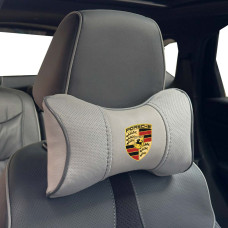 Подушка на подголовник с логотипом Porsche Экокожа 3D Цветной лого Серые-Серый кант 1 шт