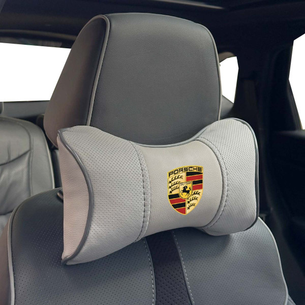 Подушка на підголівник з логотипом Porsche Екошкіра 3D Кольоровий лого Сірі-Сірий кант 1 шт