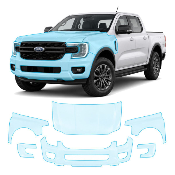Антигравийная защитная бронепленка по лекалам для Ford Ranger IV 2022- передняя часть авто (капот бампер фары крылья)
