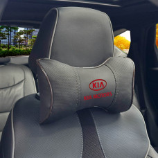 Подушка на підголівник з логотипом Kia Екошкіра 3D Кольоровий лого Чорна-Коричневий кант 1 шт
