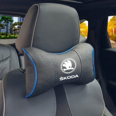 Подушка на підголовник з логотипом Skoda Екошкіра 3D Кольоровий лого Чорний-Синій кант 1 шт