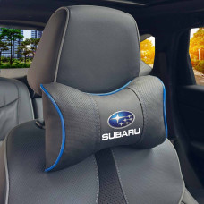 Подушка на підголівник з логотипом Subaru Екошкіра 3D Кольоровий лого Чорна-Синій кант 1 шт