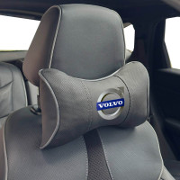 Подушка на підголівник з логотипом Volvo Екошкіра 3D Кольоровий лого Чорна-Сірий кант 1 шт
