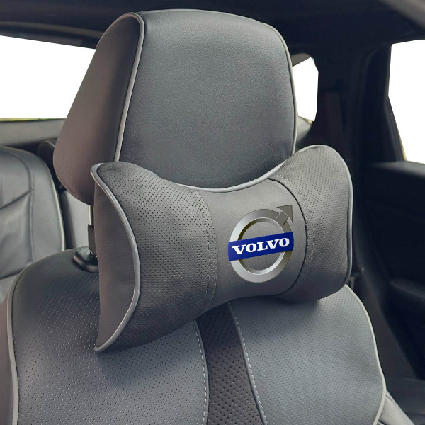 Подушка на підголівник з логотипом Volvo Екошкіра 3D Кольоровий лого Чорна-Сірий кант 1 шт