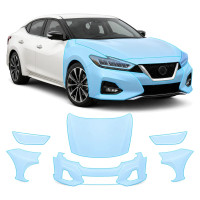 Антигравийная защитная бронепленка по лекалам для Nissan Maxima A36 facelift 2019-2023 - передняя часть авто (капот бампер фары крылья)