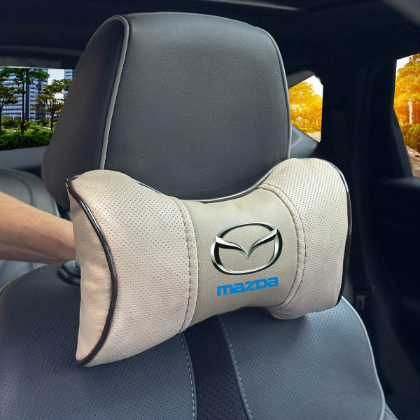 Подушка на підголівник з логотипом Mazda Екошкіра 3D Кольоровий лого Бежева-Коричневий кант 1 шт