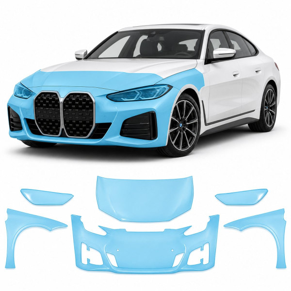 Антигравийная защитная бронепленка по лекалам для BMW 4 Series Gran Coupe G26 2021- передняя часть авто (капот бампер фары крылья)