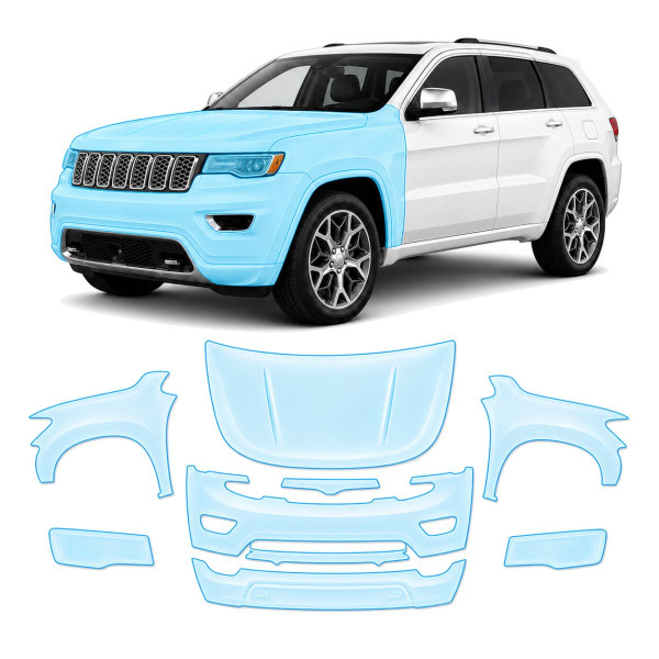 Антигравийная защитная бронепленка по лекалам для Jeep Grand Cherokee WK2 facelift 2014-2021 - передняя часть авто (капот бампер фары крылья)