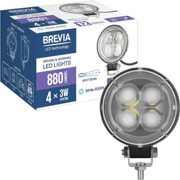 LED фара Brevia EPISTAR Sport Далеке світло 10-30V, 12W (4x3W) 880Lm Лінзована Алюмінієвий корпус IP68 (10601RFX1)