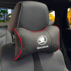 Подушка на підголовник з логотипом Skoda Екошкіра 3D Кольоровий лого Чорний-Червоний кант 1 шт