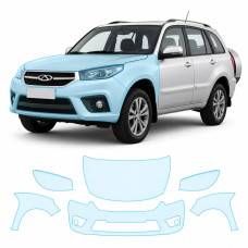 Антигравийная защитная бронепленка по лекалам для Chery Tiggo 3 II 2014-2019 - передняя часть авто (капот бампер фары крылья)