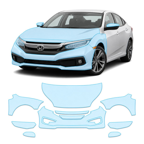 Антигравийная защитная бронепленка по лекалам для Honda Civic X facelift 2019-2021 - передняя часть авто (капот бампер фары крылья)