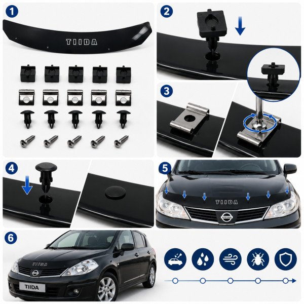 Дефлектор капота мухобойка Nissan Tiida 2004-2015 Євро Кріплення Vip Tuning (NS13)