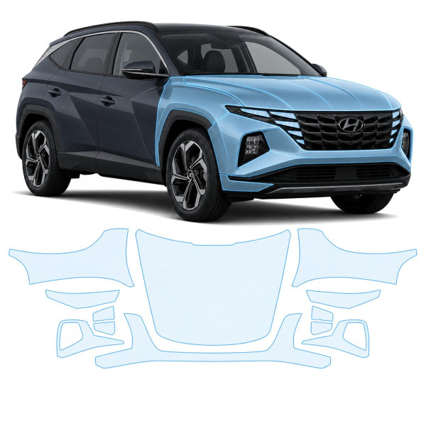 Антигравийная защитная бронепленка по лекалам для Hyundai Tucson NX4 2020-2023 - передняя часть авто (капот бампер фары крылья)