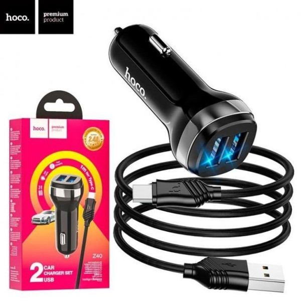 Автомобильное зарядное устройство Hoco Z40 2USB 2.4A Type-C Черный (Оригинал)